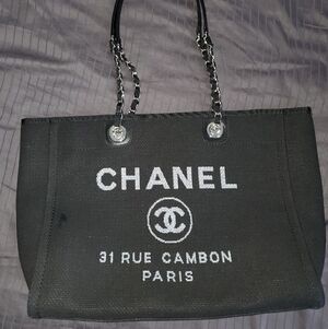 CHANEL Black Canvas Tote with Silver Chain
